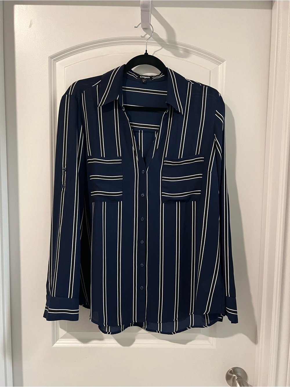 Express Navy and White Vertical Stripe Button-Down Blouse